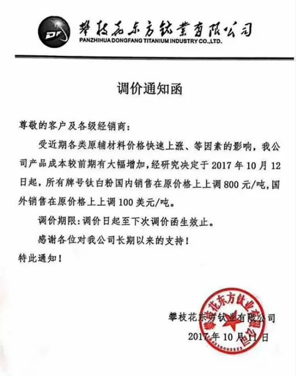 钛白粉又双叒叕涨价 16家钛白粉企业集中提价